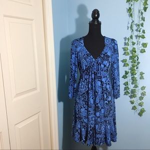 INC Floral 3/4 Sleeve V Neck Blue Dress Size L